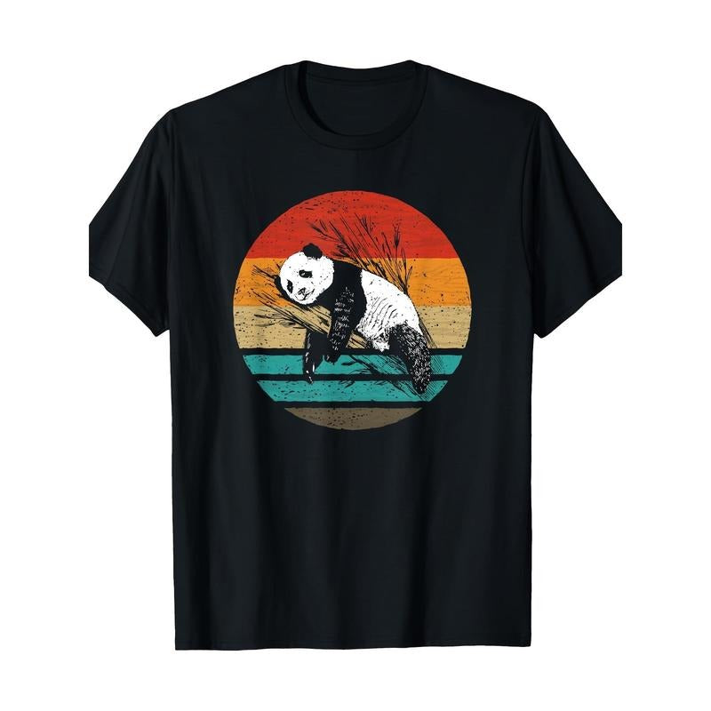 Panda Retro Graphic T-Shirt, 100% Cotton, Crew Neck, Short Sleeve, Regular Fit, Geometric-Pattern, Slight Stretch, Knit Fabric, with Digital Print, for Casual Weekend Wear, All-Season Made in USA