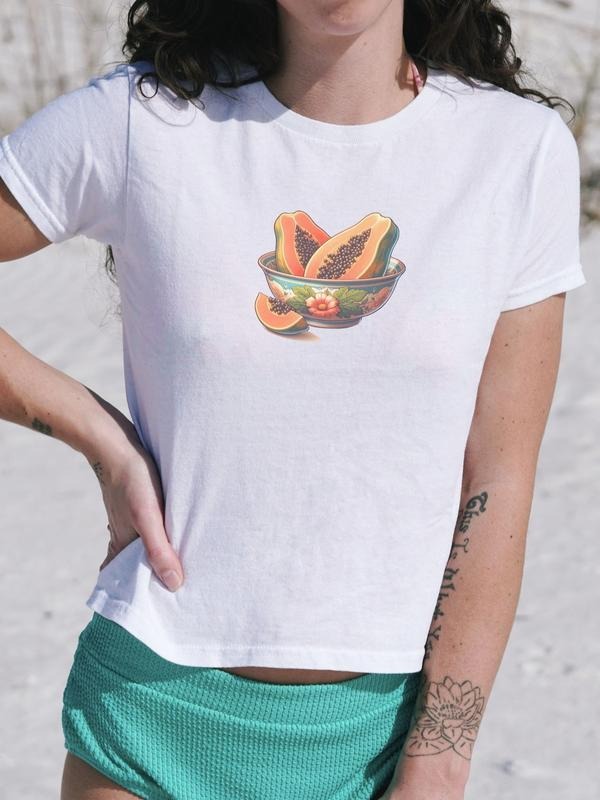 Papaya Bowl Baby Tee, Coconut Girl Aesthetic, Vintage Fruit Shirt, 90s Y2k Baby Tee, Downtown Teenage Girl Gift, Tropical Crop, Y2k Top Women Streetwear