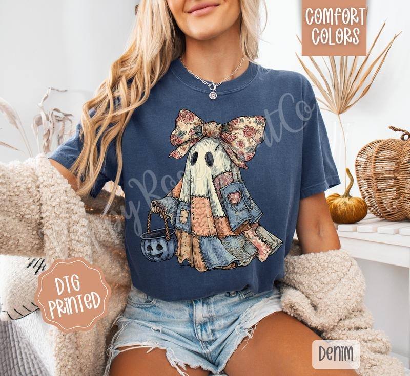 Patchwork Ghost Comfort Colors, Trendy Women's Halloween Tshirt