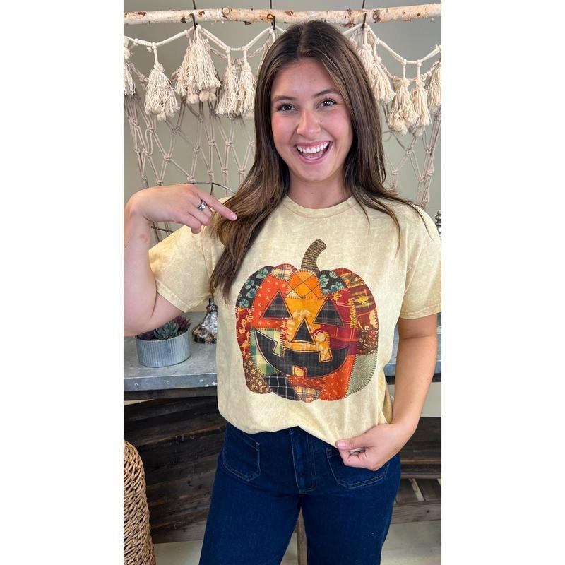 Patchwork Pumpkin Halloween Mineral Washed Graphic Shirt