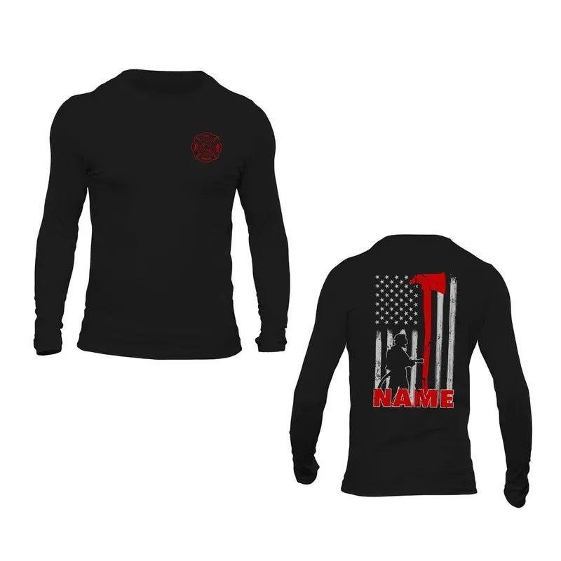 Personalized Firefighter Long Sleeve T-Shirt - Custom Name Thin Red Line Axe Design - Classic Fit - Casual Cotton Crewneck