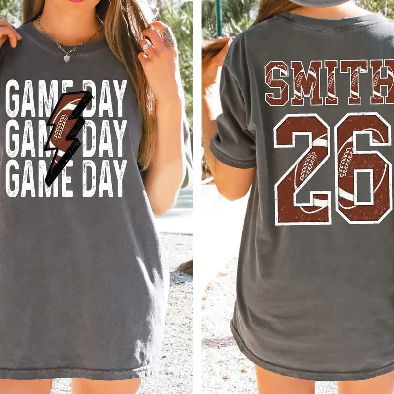 Personalized Football Mom Shirt, Custom Game Day Mom Football Tee, Child Name & Number Football Game Season Shirt, Gameday Sports Mama Tee