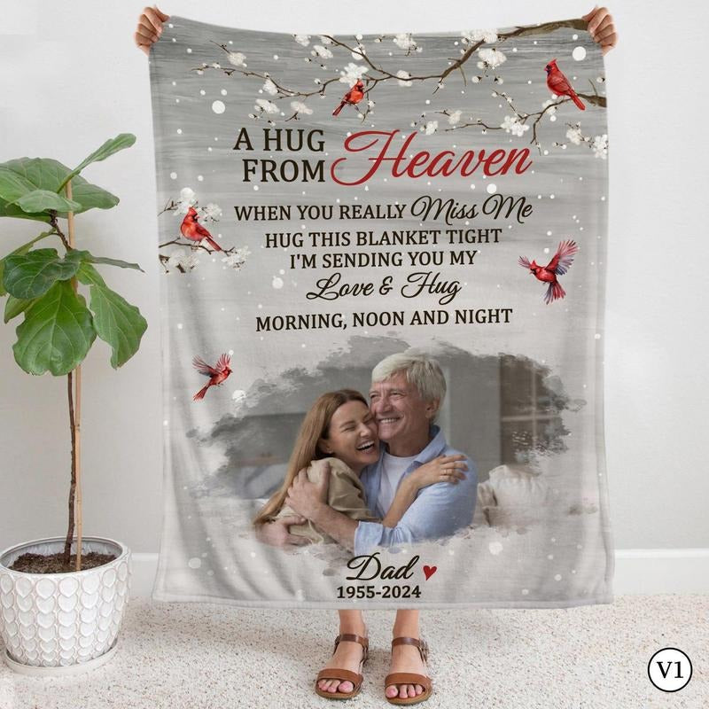 Personalized Memorial Dad Blanket, Gift For Mom, A Hug From Heaven Blanket, Memorial Custom Photo Blanket, Remembrance Gift, Custom Photo Blanket