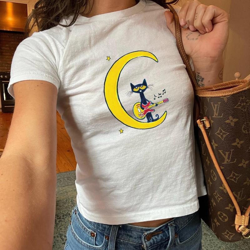 Pete The Cat Playing Guitar on The Moon Baby Tee, Coquette Baby Tee, 90s Vintage Shirt, Pinterest Trendy Aesthetic