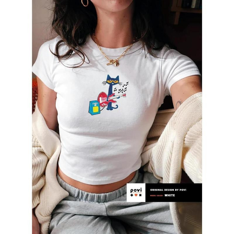 Pete The Cat Plays Guitar Baby Tee, Trendy Y2K Childhood Aesthetic Cute Cat Graphic Shirt, Nostalgic Funny Cat and Music Lover Tshirt