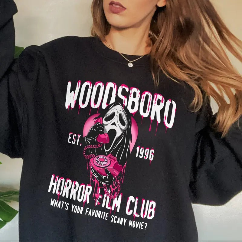 Pink Woodsboro Film Club Sweater, Pink Ghostface Halloween Sweater, Woodsboro Halloween Tee Shirt, Scary Movies Halloween T-Shirt, Best Gift For Halloween