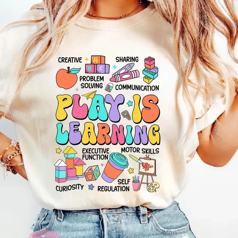 Play Is Learning Teacher 100 Days Of School Shirt, Teacher 100 Days of School Tee,Celebrate 100th Day, Funny Student Shirt, Gift For Teacher graphic tee