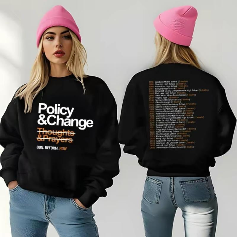 Policy and Change Gun Reform Graphic Tee with Anti-Gun Quote for Control, BootsTees thoughts and prayers slogan shirt