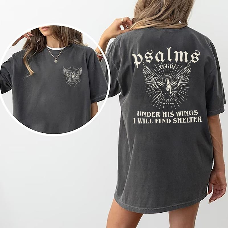 Psalms 91 Shirt, Under His Wings I Will Find Shelter Christian Shirt, Bible Verse Women Tee, Jesus Shirts, Women's Religious Gifts, Comfy Oversized Graphic Tee, Tops For Women, Womenswear Cotton Fabric Comfort Chic Style