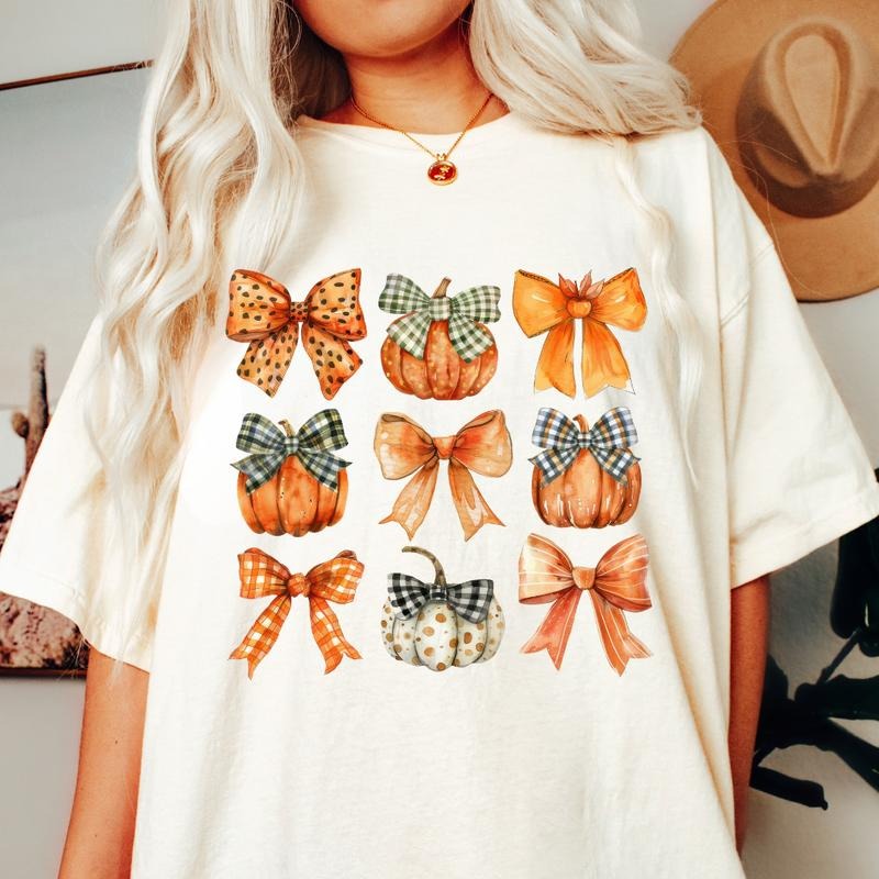 Pumpkins And Bows Shirt - Unisex Relaxed Fit Printed in USA Casual Comfort Cotton Top Athletic Boho Chic All Seasons Unisex Garment-Dyed Heavyweight T-Shirt | Comfort Colors 1717