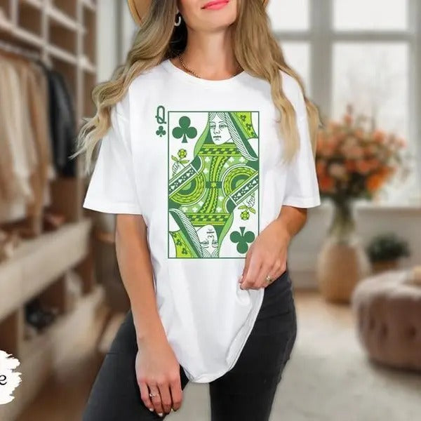 Queen of Clubs Shirt for St. Patrick's Day, Green St. Pats T-Shirt, Retro Boho Vintage Graphic Tee, Fun Green Pub Crawl Tee, For Women