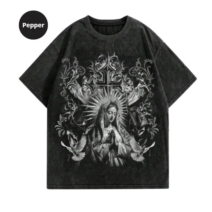 ROMWE Goth Vintage Washed Snowflake Print Loose T-Shirt, Hoodie, Sweatshirt S-3XL, Streetwear & Underwear Crewneck Round Neck