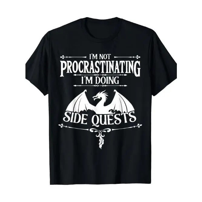 RPG Gamers' Humorous T-Shirt - Men's Gaming Graphic Tee with Funny Slogan "I'm Not Procrastinating I'm Doing Side Quests" - Short Sleeve, Casual Wear, Perfect for Gaming Events Made in USA