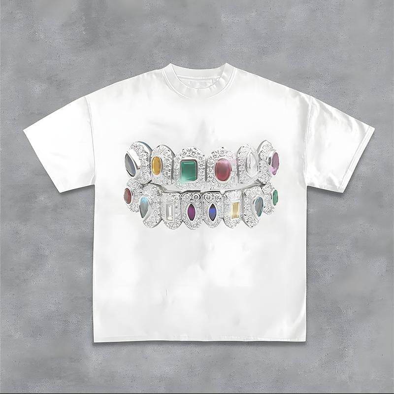 Rainbow Gem Grillz Graphic Tee Oversized Y2k Clothing Streetwear T-Shirt Graphic Tee for Men Women