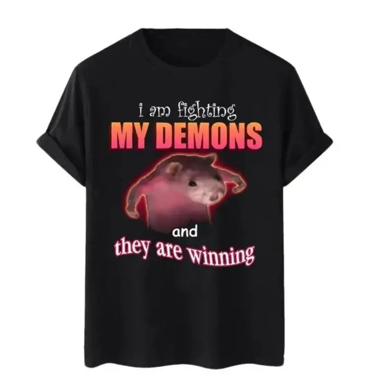 Ratz Pink Meme I Am Fighting My Demons T-Shirt. Funny Tee, Cute Tee, Gift For Women and Man Unisex T-Shirt, Top Womenswear