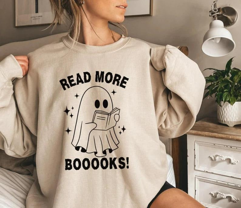Read More Booooks Sweatshirt, Halloween Sweatshirt, Ghost Read More Books Teacher Shirt, Librarian Halloween Gift, Spooky Season Trendy Shirts, Gift for Halloween, Book Lover