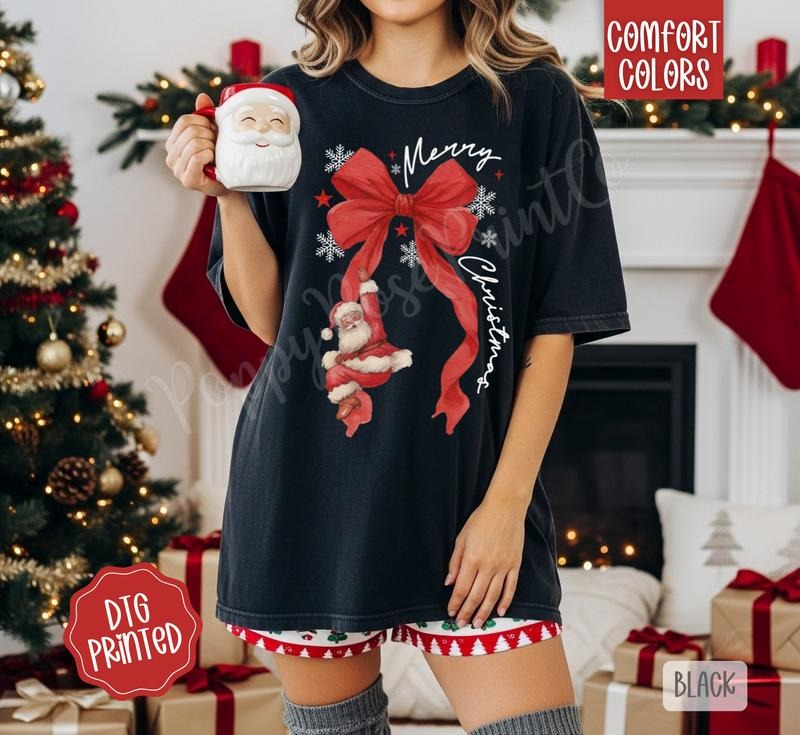 Red Santa Bow Comfort Colors, Trendy Women's Christmas Tshirt