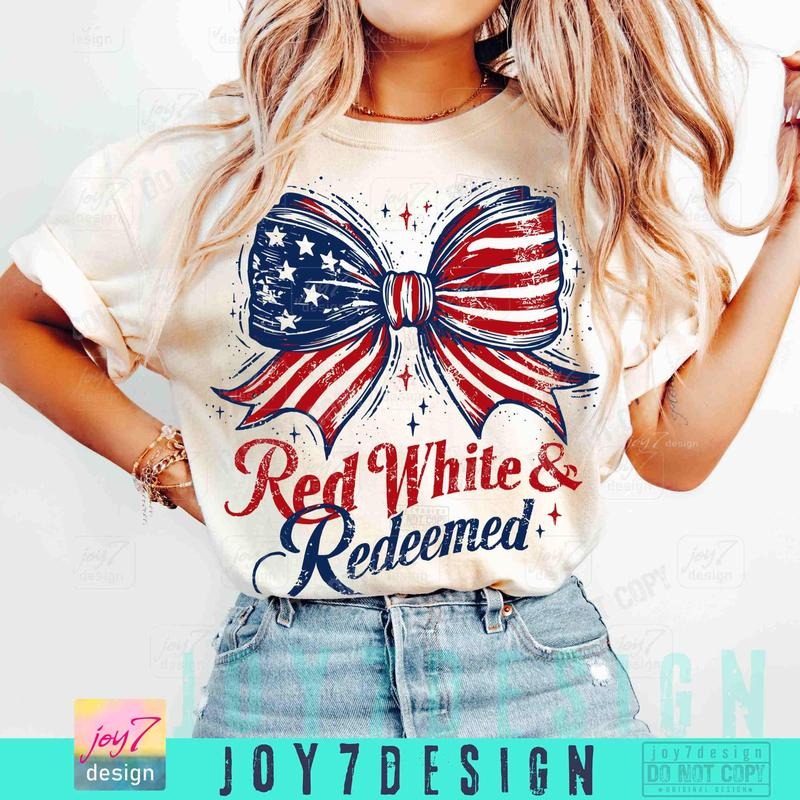 Red White & Redeemed 4th Of July T-shirt, Christian American Coquette Bow T-Shirt, Fourth of July American Flag Trendy Independence Day Retro T-shirt