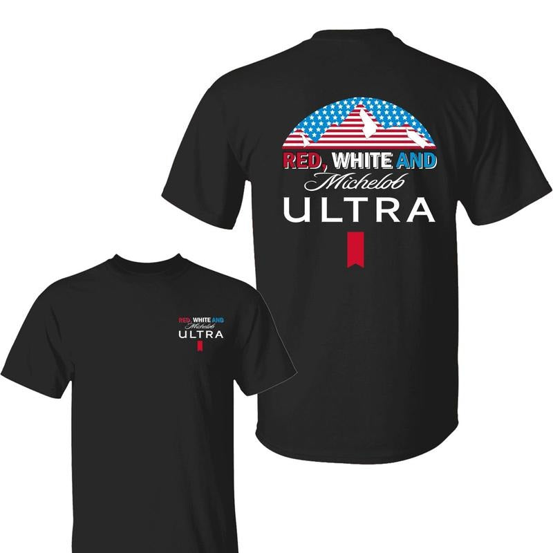 Red White And Michellob Ultra 2 Sided Tshirt, USA Flag 4th of July Independence Day Unisex Cotton T-shirt for Men for Women