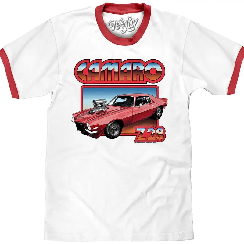 70s Chevrolet Camaro Z28 Ringer T-Shirt - White/Red