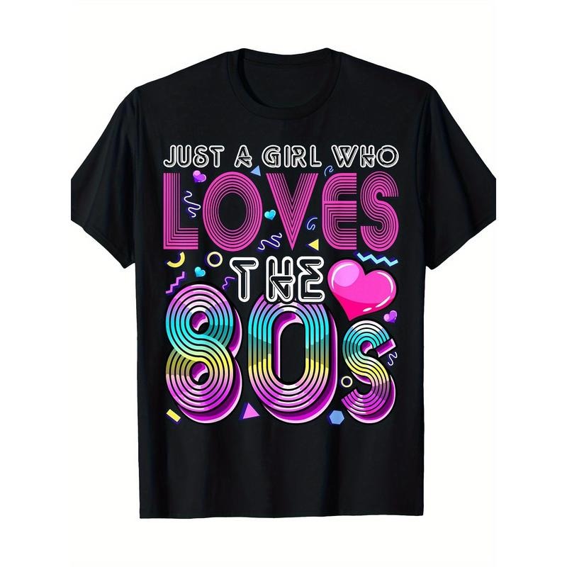 Retro 80s-Inspired Cotton T-Shirt for Women - Casual Crew Neck, Short Sleeve with Geometric Print, Perfect Gift for Parties & Casual Attire Made in USA