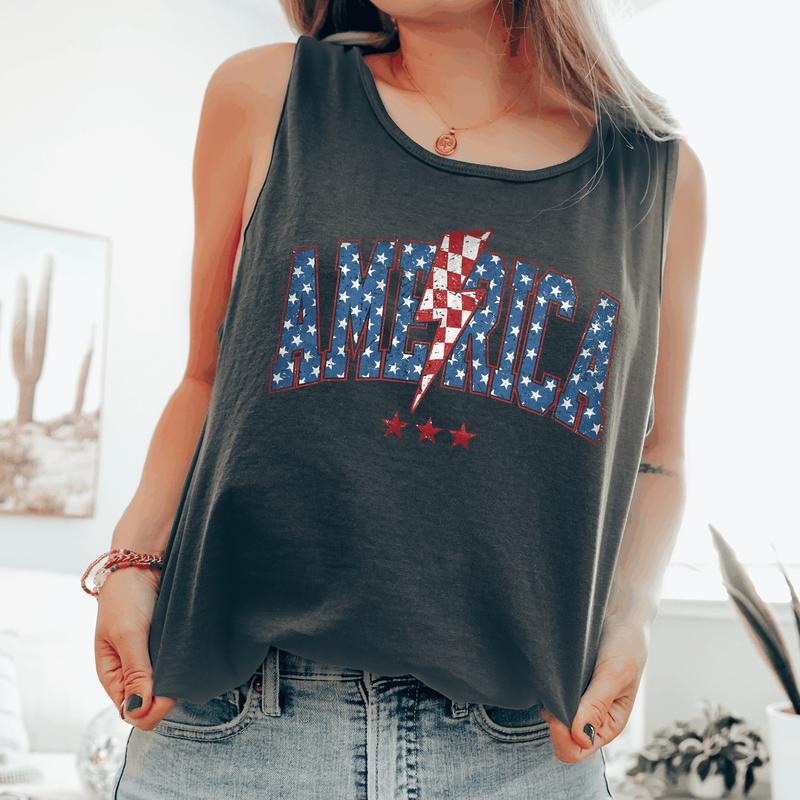 Retro America Varsity Bolt, Fourth of July, America, Patriotic, USA Comfort Colors Tank Top, Women's Comfort Colors Tank Top