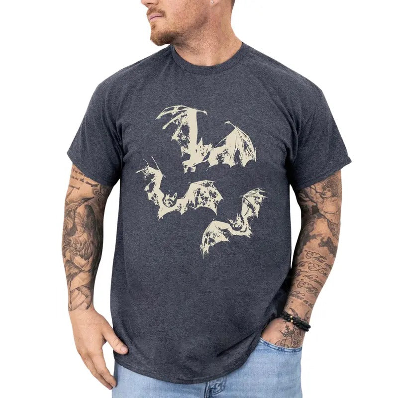 Retro Bats Shirt, Gothic Bat Graphic Printed Tee, Vintage Gothic Vampire Bats Shirt, Spooky Vibes T-shirt, Halloween T-shirt, Three Bats Y2k Tee, Vintage 90s Style Bat Shirt, Comfy Fabric Graphic Tee, Men's Top, Menswear, Comfy Fabric Relaxed Tee