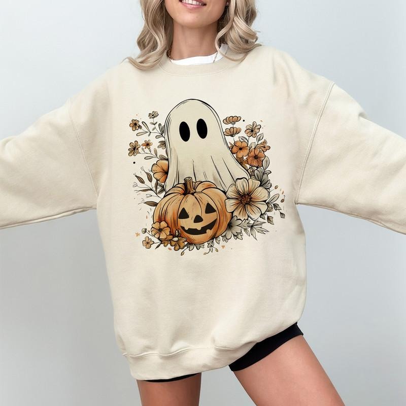 Retro Ghost Sweatshirt, Vintage Floral Ghost Halloween Crewneck, Cute Pumpkin Sweater, Flower Halloween Shirt, Retro Fall Shirt,Spooky Shirt, Halloween Shirt