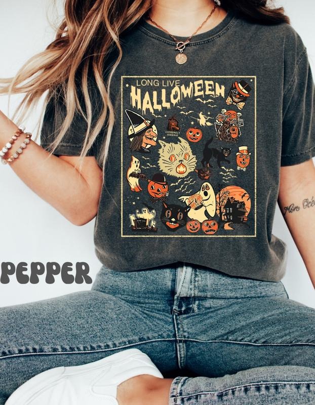 Retro Halloween Shirt, Long Live Halloween, Vintage Halloween Shirt, Retro Halloween, Fall Apparel,Spooky Season Tee Pumpkin Shirt Black Cat