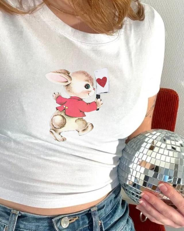 Retro Heart Bunny Baby Tee, 90s Clothing, Coquette Aesthetic, Vintage Graphic, Y2K Shirt, Cute Baby Tee, Valentine Baby Tee, 2000s fashion