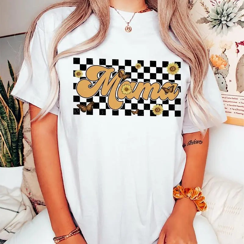 Retro Mama Shirt, Vintage Mom Checkerboard Graphic Printed Tshirt, Casual Style, Gifts For Mom, Mom Birthday Gift, Cute Mom Cotton Fabric Tee Shirt, Vintage Mom Women Tops Womenswear Comfort Fit Chic Style, Mom Outfits style 02