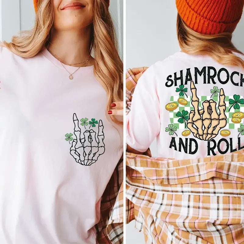 Retro Shamrock And Roll Shirt St Patrick's Day Shirt Funny Skeleton Hand St Patrick's Day Shirt Shamrock Shirt Rocker Shirt Lucky Tee