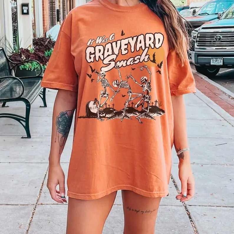 Retro Skeleton Halloween Tshirt, Trendy Fall Tee, Spooky Season, Graveyard Smash Shirt, Vintage Style Oversized Tee