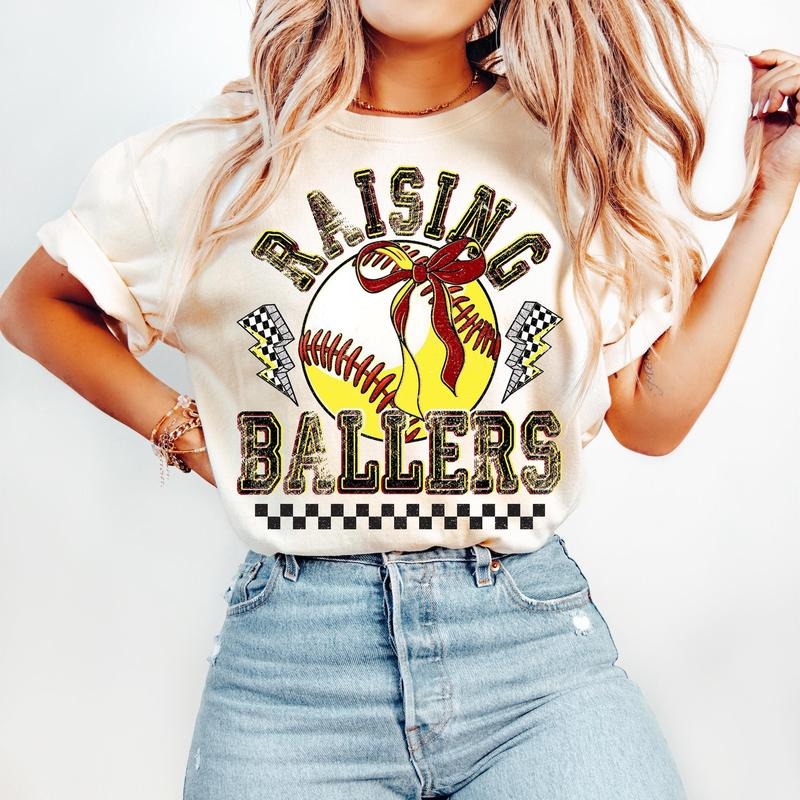 Retro Softball Baseball T-Shirt, Raising Ballers T-Shirt, Game Day Softball T-Shirt, Baseball Coquette Bow T-Shirt, Baseball Mom T-Shirt, Funny Baseball T-Shirt