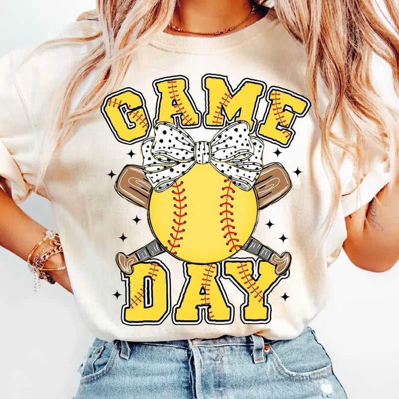 Retro Softball Game Day T-Shirt, Funny Softball T-Shirt, Softball Lovers Shirt, Softball Mama Shirt, Sports Coquette Bow T-Shirt