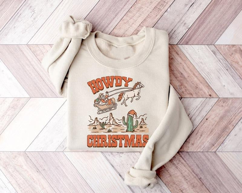 Retro Western Howdy Christmas Sweatshirt Gift For Cowboys, Cowboy Howdy Hoodie, Vintage Western Xmas T-Shirt, Cowgirl Christmas Shirt Classic Cotton
