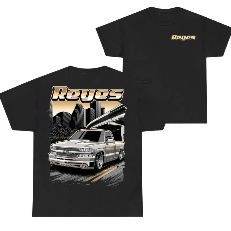 Reyes Yellow Car Summer T-shirt, Graphic Truck Tee, Stylish Car Merch for Automotive Enthusiasts