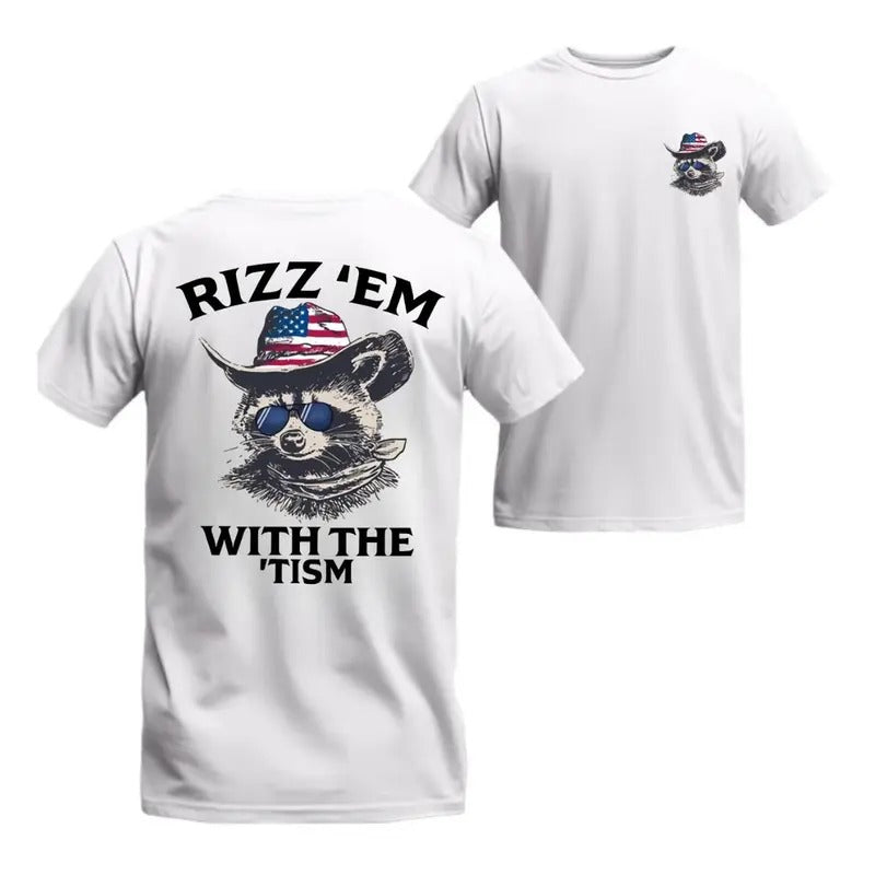 Rizz 'Em T-Shirt - Patriotic Raccoon Graphic with a Cowboy Hat and Fun Text Design, Perfect for American Pride and Unique Style, Boyfriend Gift