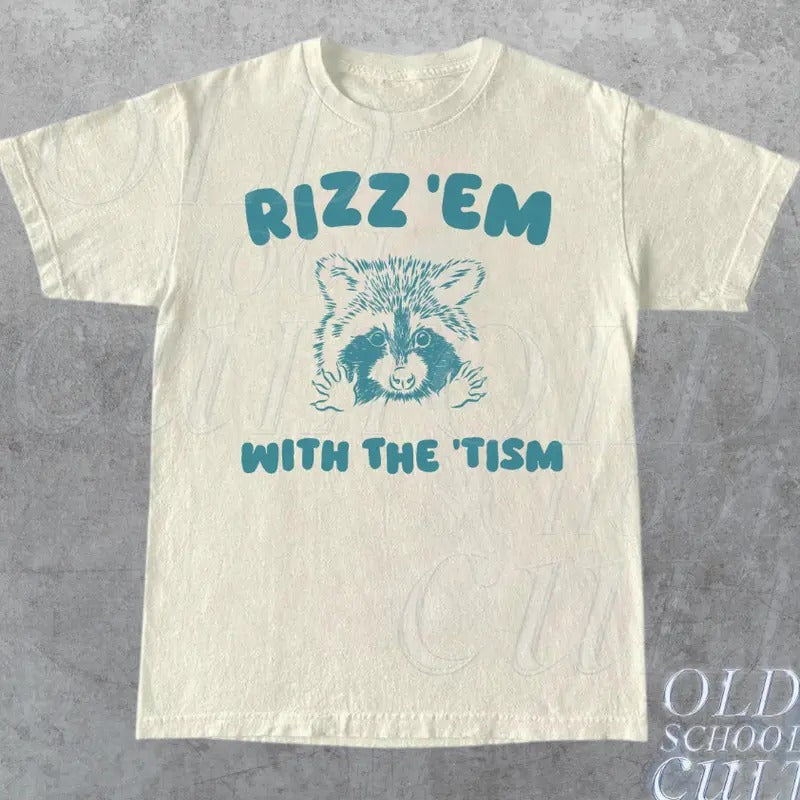 Rizz Em With The Tism Graphic T-Shirt, Retro Unisex Adult T Shirt, Vintage Funny T Shirt, Nostalgia T Shirt, Relaxed Cotton Tees, Rizzler
