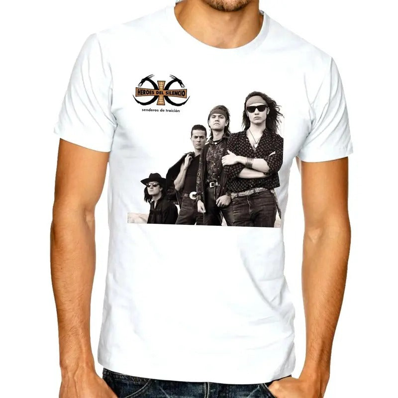 Rock en español: Heroes Del Silencio Senderos T-Shirt Playera Casual Classic Cotton Crewneck Menswear Soft Top Jacket Tee Streetwear Tshirt Tropical