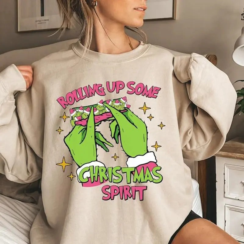 Rolling Up Some Christmas Spirit Sweatshirt, Funny Christmas Grin Shirt, Holiday Spirit Sweater, Vintage Trendy Xmas Sweater, Xmas Gifts