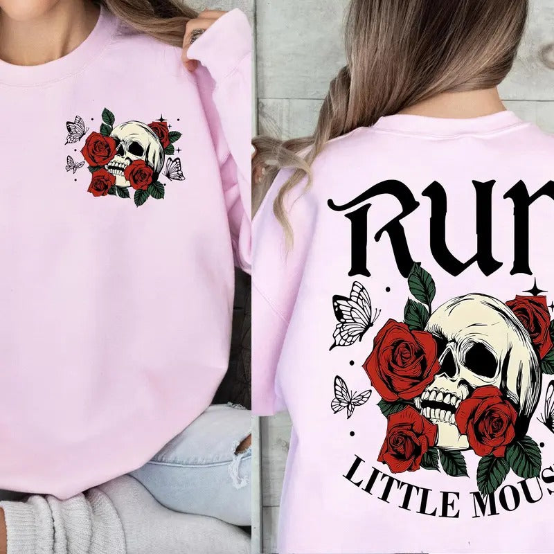 Run Little Mouse Skeleton Sweatshirt, Skeleton Hold Roses Hoodie, Smut Reader Crewneck, Book Lover Gift, Love Roses, Dark Romance, Haunting Adeline, Zade Meadows Unisex Soft Pullover Long Sleeves Graphic Fabric Sweater