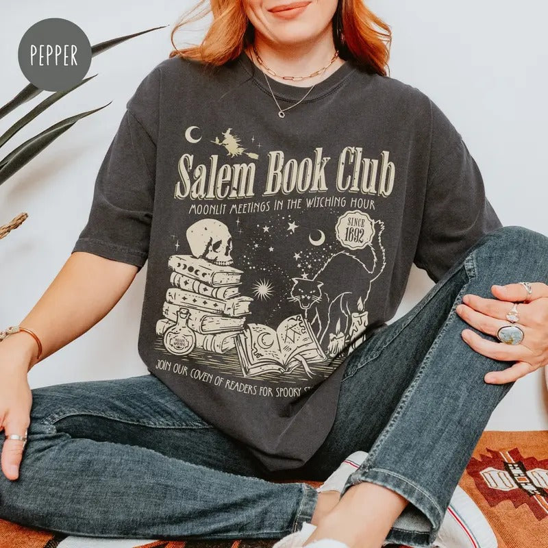 Salem Book Club Shirt, Spooky Reader Funny Book Lover Halloween Tee, Salem Witches Spooky Season Shirt, Bookworm Halloween Witchy Shirt