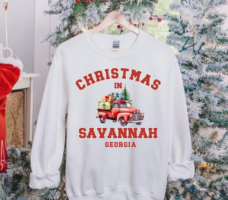 Savannah Vintage Sweatshirt, Savannah Christmas Sweater, Georgia Sweatshirt, Red Truck, Christmas Trip Sweatshirt, Savannah Trip,Family trip T-shirt, sweater and Hoodie