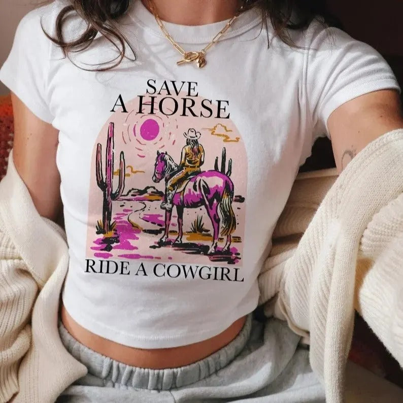 Save a horse ride a cowgirl | lesbian cowgirl | funny lesbian shirt | funny gay shirt | subtle bi pride | retro lesbian | lesbian crop top