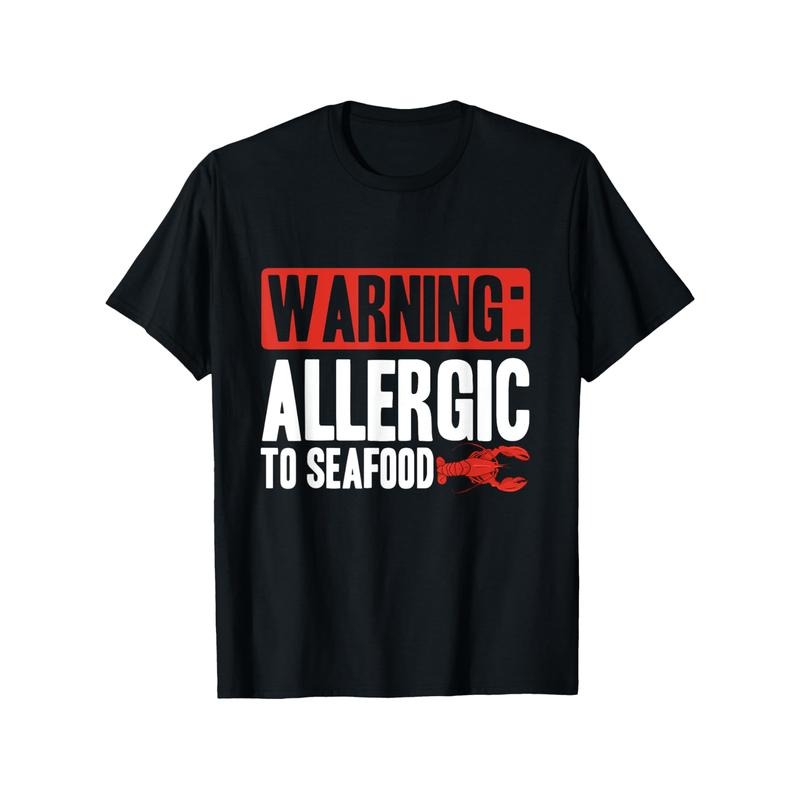 Seafood Allergy Awareness T-Shirt, 100% Cotton Crew Neck, Casual Printed Tee, Short Sleeve, Regular Fit, Slight Stretch, Knit Fabric, Adult Unisex, All-Season - Black Made in USA