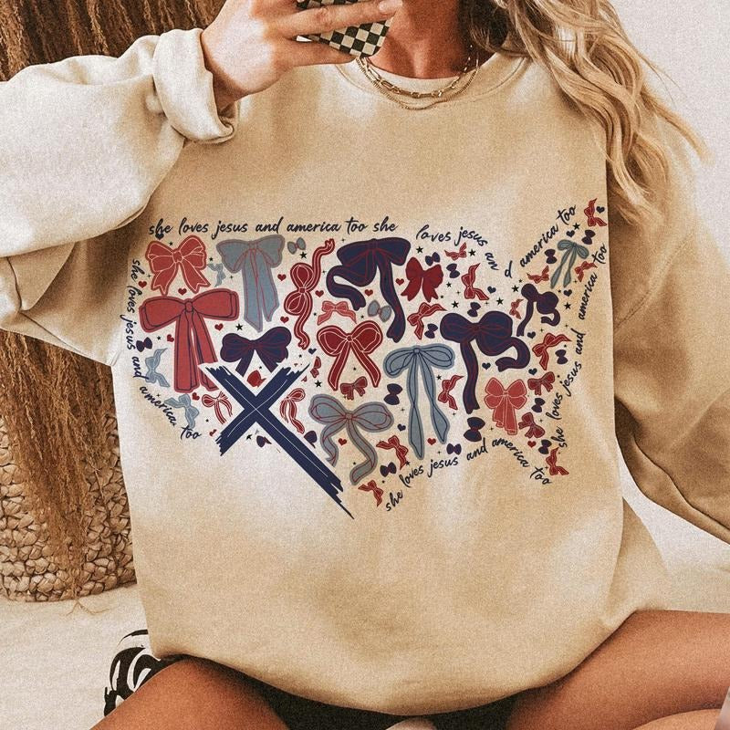 She Loves Jesus And America Too Shirt, Coquette 4Th Of July Shirt, Coquette Girly Shirt, American Girl Shirt, Jesus Shirt, Memorial Day Shirt, Usa Shirt