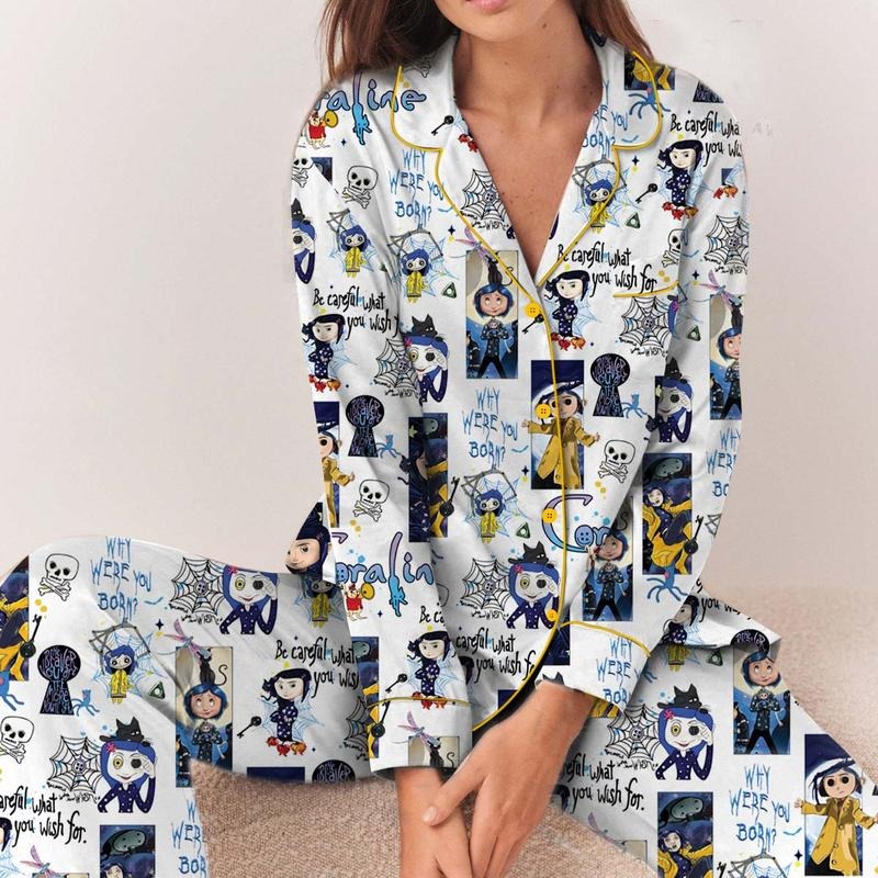 Coraline Halloween Pajamas Set Long/Short, Coraline Fan Tee, Spooky Character Pajamas