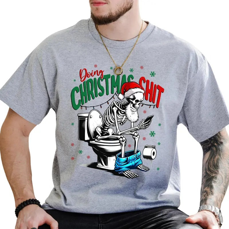 Skeleton Christmas Shirt, Funny Christmas Crewneck Men Tee, Doing Christmas Tee, Merry Scary Gifts, Retro Uncle Shirt, Feral Christmas Menswear