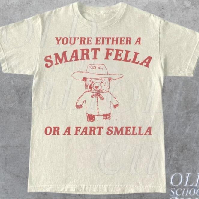 Smart Fella or Fart Smella: Vintage-Style T-Shirt DRG with Retro Cartoon, Quirky Meme, Panda Print - Weird Tee in Relaxed Cotton